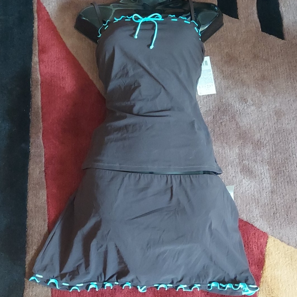 2pc Brown & Teal trim Swimsuit
